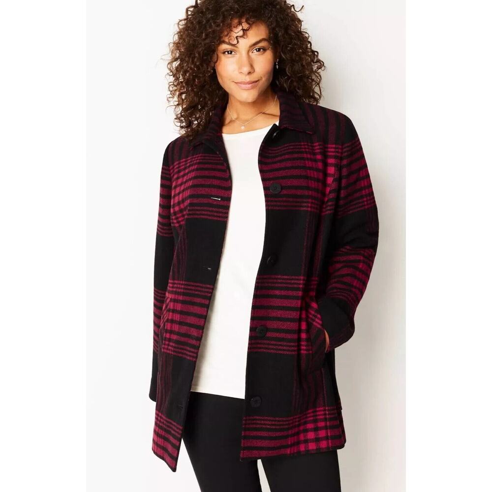 Women's Black & Burgundy Plaid Coat - Unbranded